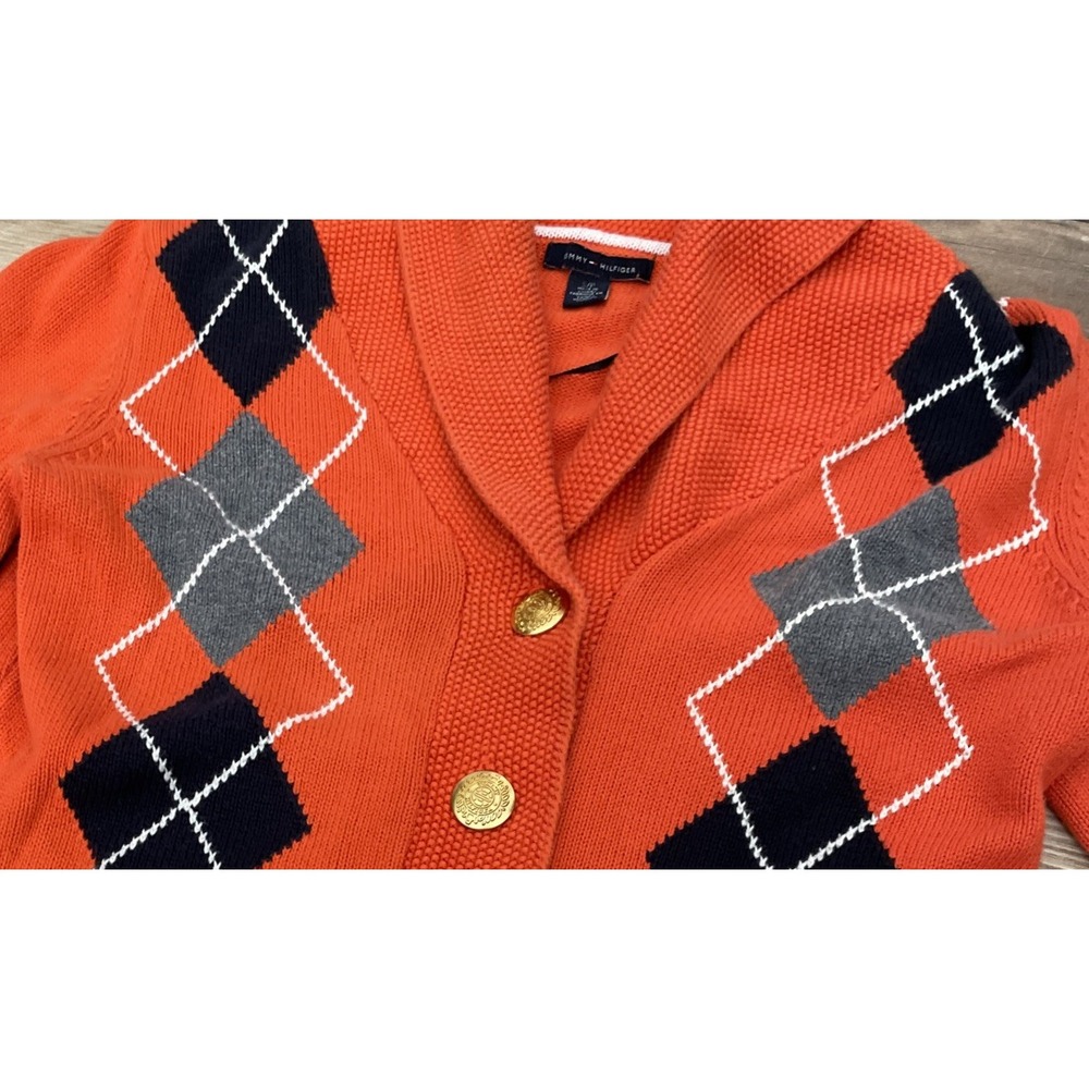 Tommy Hilfiger Argyle Cardigan Sweater Size Large Orange Shawl gold Buttons - Picture 2 of 7